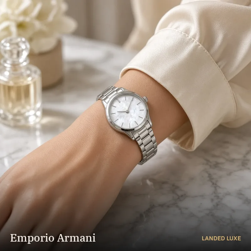 Illustrative scene for Emporio Armani Women’s 32mm Mother-of-Pearl Watch AR11701 – not the actual product